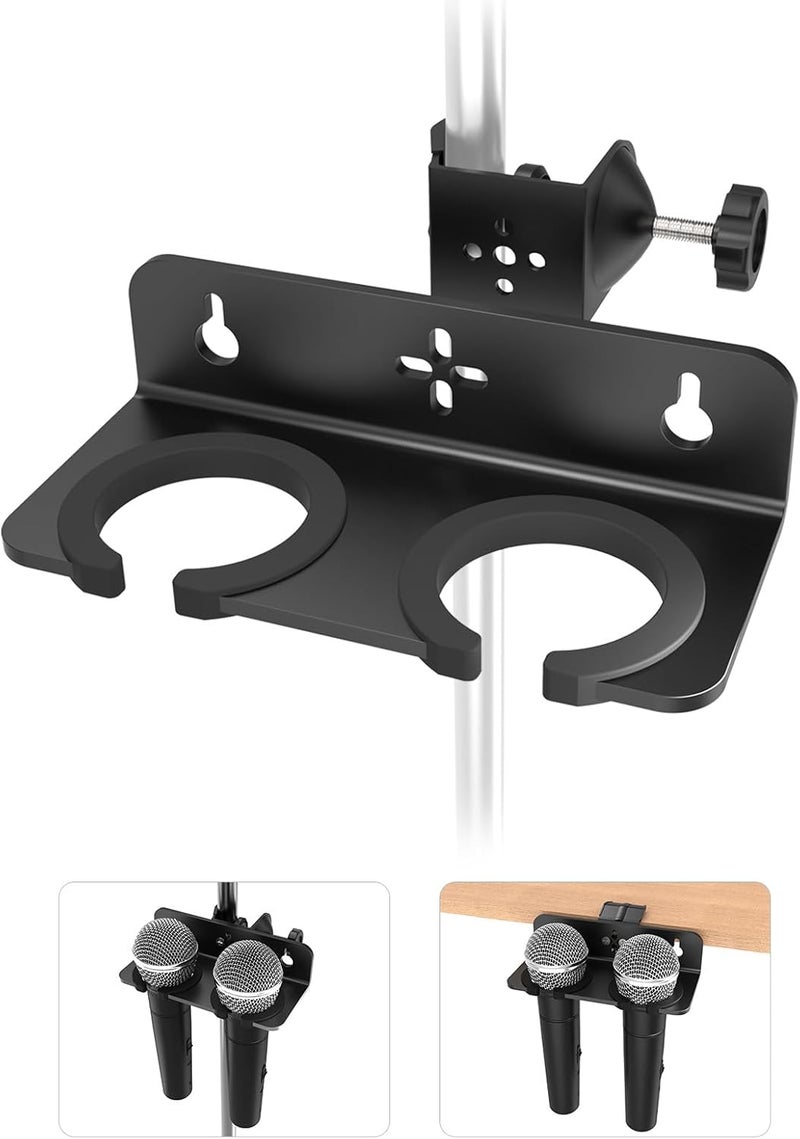 Etour Multi Microphone Holder with Clamp (Aluminum/Rubber), Mount on Mic Stand & Desk Edge & Wall, Hold Up to 2 Wired/Wireless Handheld Mics, Ideal for Church, Street Performance, Home Studio, Karaoke - Image 1